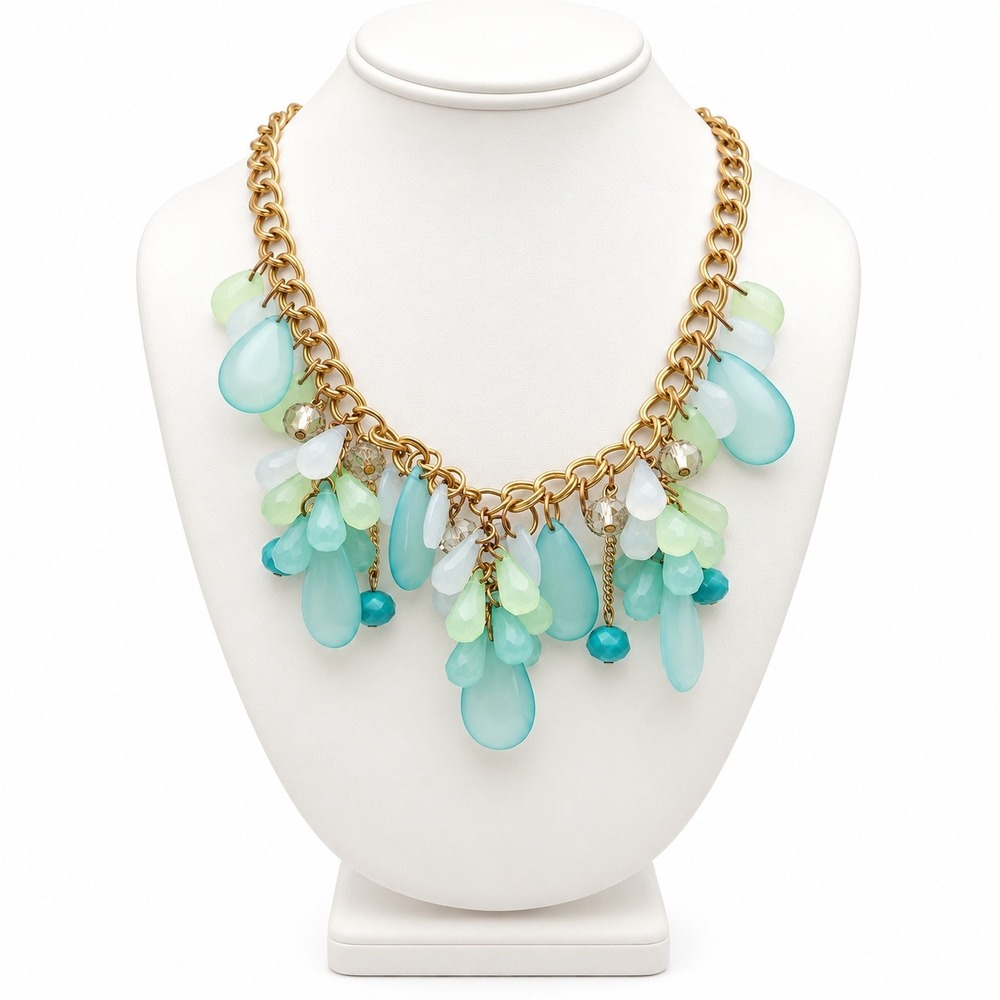 Gold Tone Aqua Mint Teardrop Cluster Statement Necklace 17-20 Inch